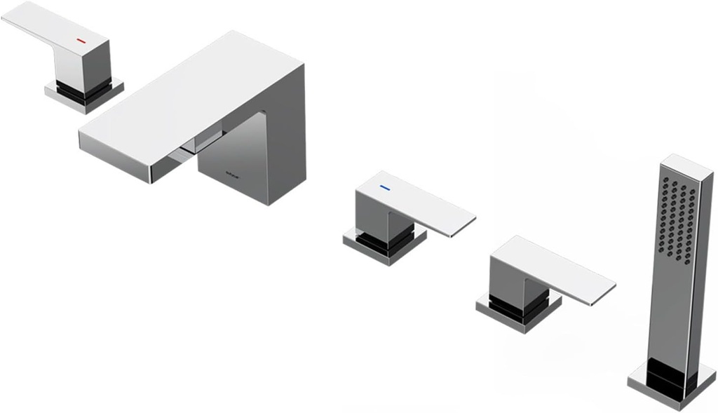 Ornaments Waterfall Bathtub Faucet Set, Two Handle Deck Mounted Roman Tub Faucet with Hand Shower, Bathtub Faucets 5 Hole, Modern