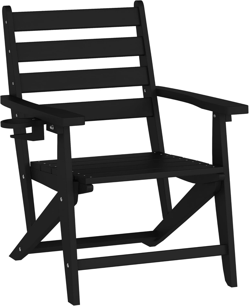 Flash Furniture Tolleson Adirondack Dining Chair with Cup Holder, Commercial Weather Resistant Recycled HDPE Adirondack Chair, Fold Out Cupholder, Black