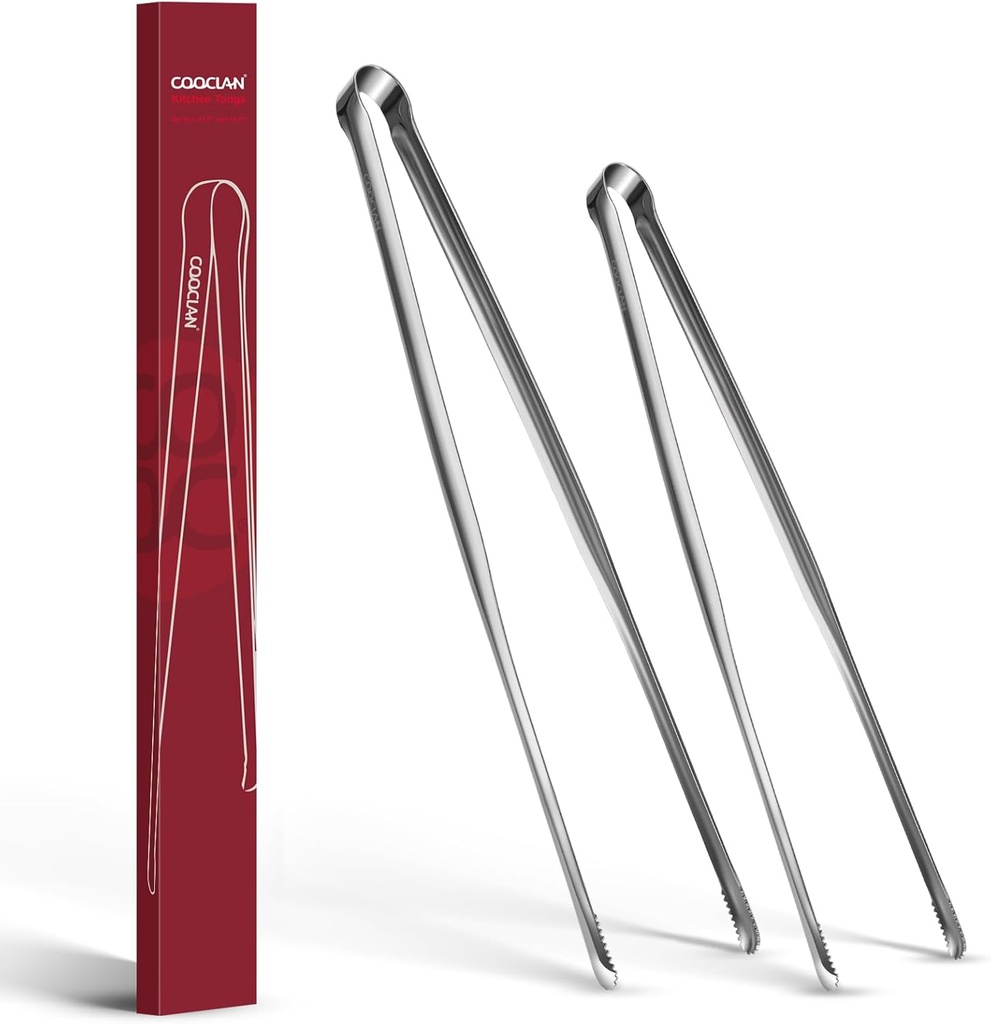 One-Piece Serrated Non-Slip Tips Metal Tongs for Cooking 2 Set (12" & 14"), 18/8 Stainless Steel Tong, Light but Durable, Easily Control Kitchen Tongs, Multi-Purpose for Frying, Plating, BBQ
