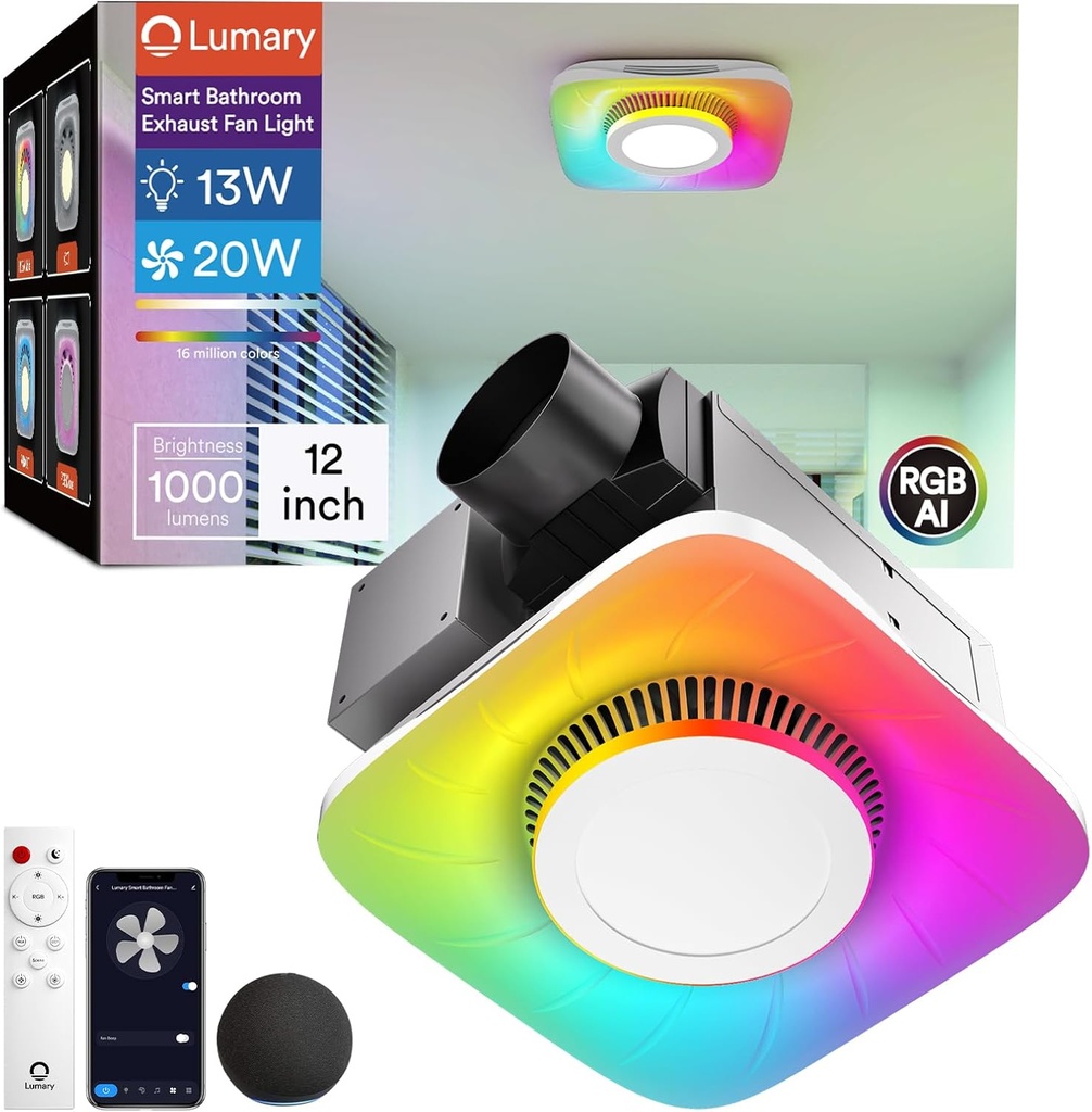 Lumary Smart WiFi Bathroom Exhaust Fan with Light, RGBAI Bathroom Fan with 1000LM CCT Dimmable LED, Exhaust Fans with APP & Voice Control, 42 Scene Modes & Remote, 110 CFM Ventilation, Easy Install