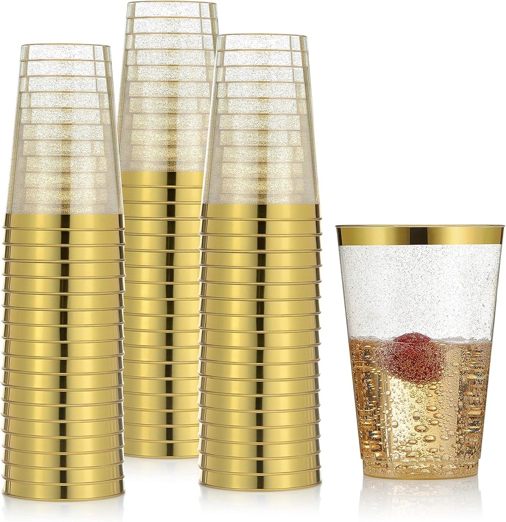100 Gold Plastic Cups 14 Oz Gold Glitter with a Gold Rim - Premium Disposable Party Cups - Elegant and Classy Sturdy Cups - Weddings Birthdays Anniversaries and Other Social Events