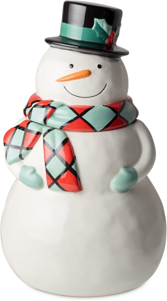 Christmas Whimsy Snowman 3-D Cookie Jar – 72oz Ceramic Holiday Treat Jar with Lid, Plaid Scarf and Top Hat Accent – Festive Winter Kitchen Decor for Cookies, Candy or Gifts