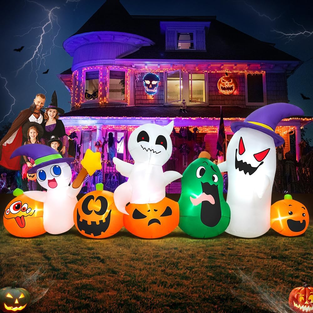 8 FT Halloween Inflatables Blow up Outdoor Decoration, Inflatable Ghost with Pumpkin Led Light Inflatables Outdoor Decor Blow up Inflatables for Holiday Party Lawn Yard Garden Décor
