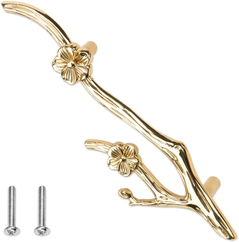 ZORZA 1Pcs Twig Drawer Pulls Polished Brass Plum Blossom Branch Handle Metal Flower Branch Furniture Cabinet Dresser Branch Drawer Handle Decorative (Right)