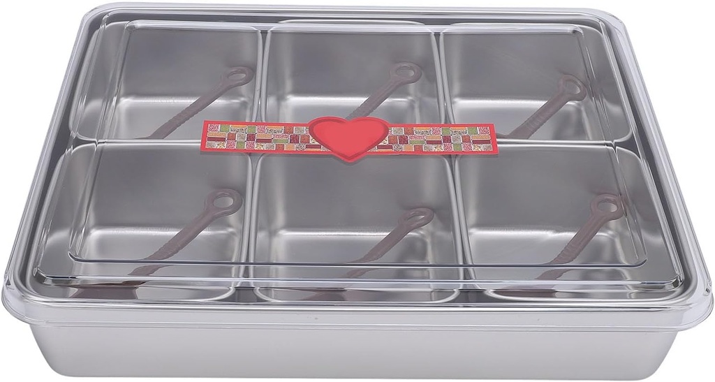 Divided Serving Tray with Lid, Stainless Steel 6 Removable Compartment Condiments Box with 6 Spoons, Snackle Box Container Food Storage Fruit Veggie Tray for Fridge Party Entertaining Picnic