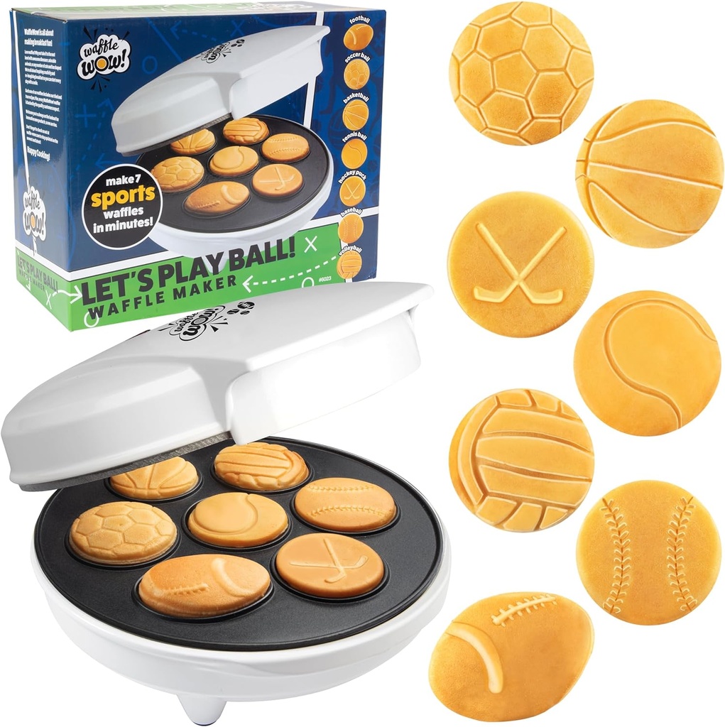 Sports Waffle Maker- Make Breakfast a Slam Dunk- Bakes 7 Themed Pancakes Including Football, Baseball, Basketball, Soccer, Tennis & More- Electric Nonstick Waffler- Xmas Gift for Boys, Girls & Kids