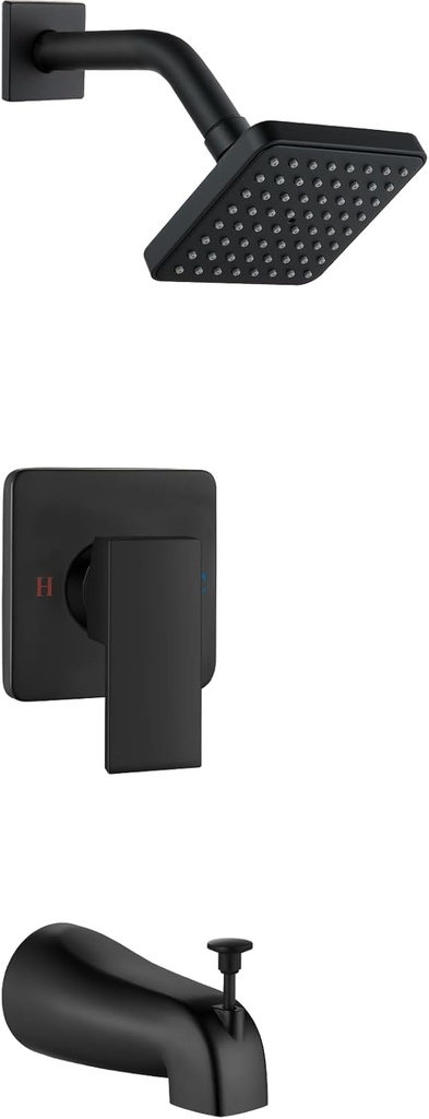 Heyalan Shower Faucet Set with Tub Spout Shower Trim Kit and Single-Handle Set, Shower Valve Included, Bathtub Faucet Set,4 Inch ABS Square Shower Head,Matte Black