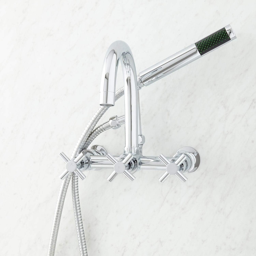 Signature Hardware 248998 Sebastian Wall Mounted Tub Filler Faucet with 2" Wall Couplers and Cross Handles - Includes Hand Shower - Chrome