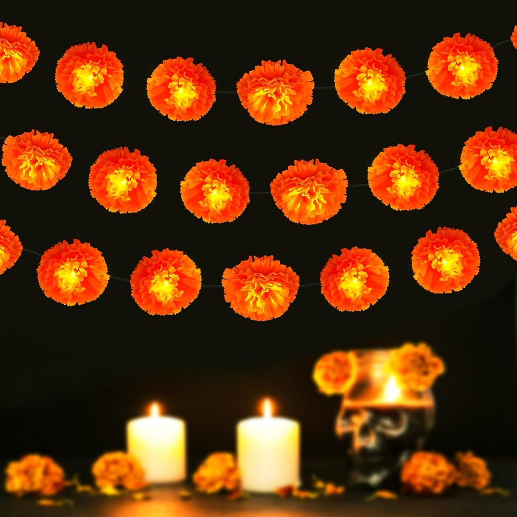 Solar Marigold Garland Lights, Solar Powered Marigold Flowers Outdoor Waterproof with 30 LEDs for Outside Dia de los Muertos, Day of the Dead, Diwali, Coco Party, Altar, Grave, Cemetery Decorations