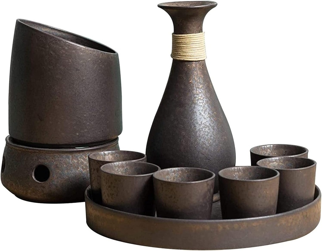 10 Pieces Sake Set, Sake Cups with Warmer, Traditional Ceramic Porcelain Hot Saki Drink, Includes 1 Sake Pot, 6 Sake Cups, 1 Thermal Pot, 1 Heating Stove, 1 Tray Warmer