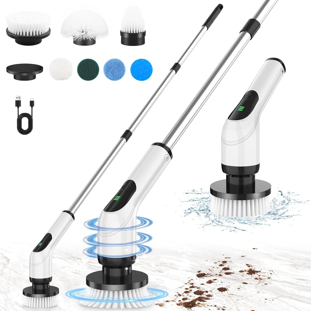 Electric Spin Scrubber for Cleaning: Cordless Scrub Brush with Extension Handle and Adjustable Speeds - Power Scrubbers for Cleaning Bathroom Shower Tub Tile Floor Car (White)