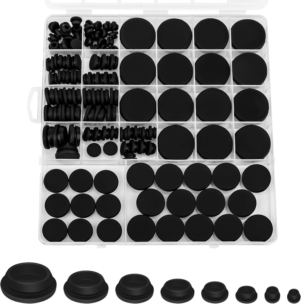 120P Rubber Plugs for Round Holes, Anglekai Seal Silicone Plugs Snap for Furniture Hole Protective Cover, Rubber Stoppers with Box (8 Sizes: 1" 3/4" 5/8" 1/2" 3/8" 5/16" 1/4" 1/5")