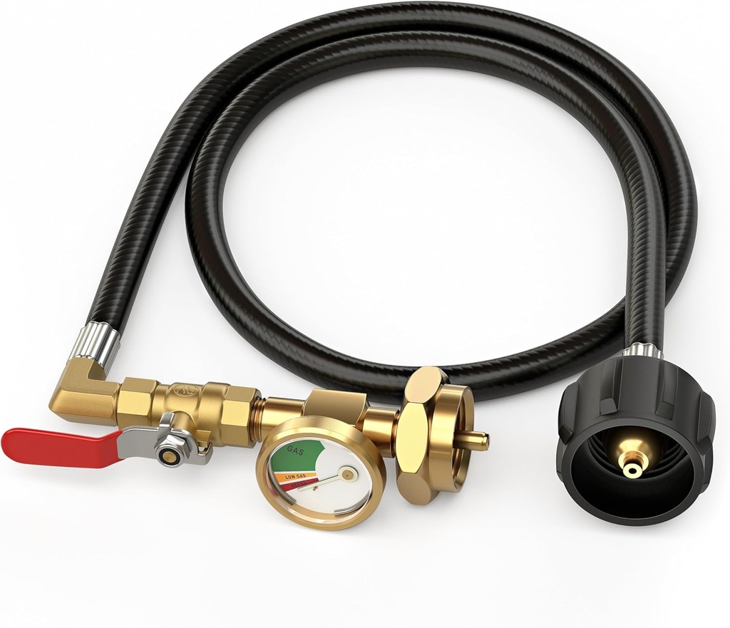 Propane Refill Adapter for 1 lb. Tanks, 3FT Hose with Pressure Gauge & Valve, Heavy-Duty Brass, QCC1/Type1 Connector, Safe Refilling from 20lb Cylinder for Camping