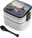 Stackable Double-Layer Bento Box Landscape with A Traditional Windmill Adults Lunchbox with Spoon Cute Japanese Bento Box Dishwasher Safe for Work Travel Dining Outc