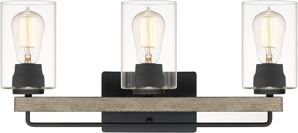 Amos Modern Farmhouse 3-Light Vanity Light Fixture, Industrial Wall Sconce Lighting with Clear Glass Shade and Hand Painted Light Wood for Bathroom, Hallway, Kitchen