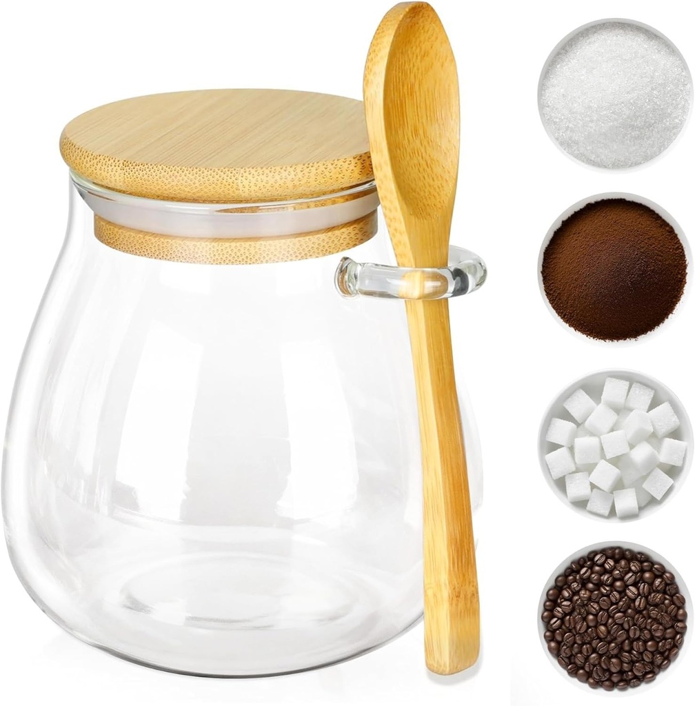 Sugar Container with Bamboo Lid and Spoon,15oz Sugar Bowl Glass Jar for Coffee Bar Accessories Coffee Canister Kitchen Decor Housewarming Gift Christmas Refillable Design （Clear）