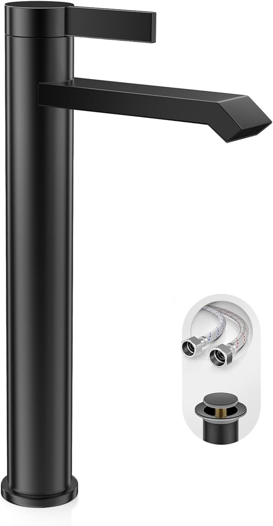 Phiestina Single Hole Matte Black Tall Bathroom Vessel Sink Faucet,Single Handle Waterfall Above Counter Sink Sink Faucet with Metal Pop Up Drain Without Overflow and Water Supply Line,FH04-MB-V