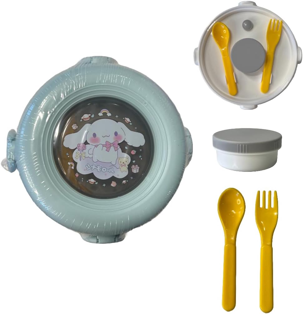 Bento Lunch Box Container Set with 3 Compartments Sauce Condiment Container Portable Personal Sealed Plastic Utensils Food Cute Kawaii Anime Kitty Bunny Dog (Blue Roll)