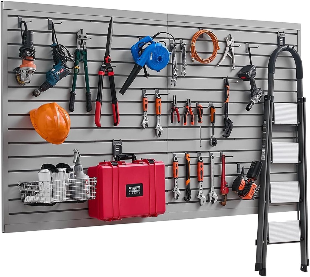 VEVOR Slat Wall Paneling, 8 x 4 ft, PVC Garage Slatwall with Accessories, Grey Slat Wall Easy-to-Install Adjustable Slatwall Panel with Coupling Structure & DIY Cutting, Fits for Storage & Display