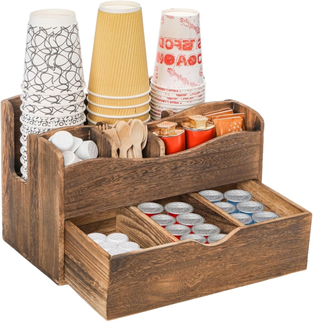 Coffee Station Organizer with Drawer, Wood Countertop Coffee Bar Accessories Organizer, Coffee Pod Holder Storage Box Coffee Condiment Caddy for Coffee Cups, Syrup, Stirrers, Tea