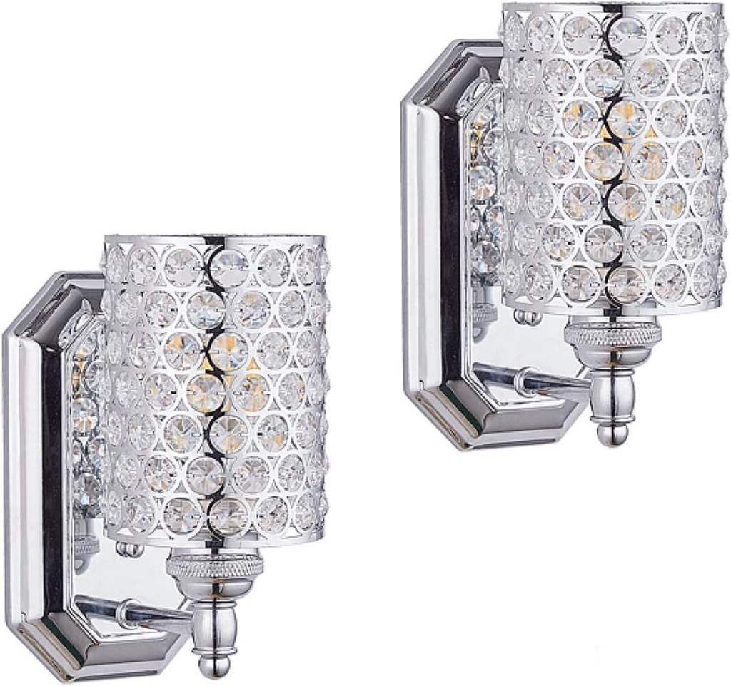 2 Pack 1 Light Crystal Wall Sconce Lighting with Chrome Finish,Modern Concise Style Wall Light Fixture Polyhedral Crystal Shade for Bathroom, Bedroom Living Room Bedside