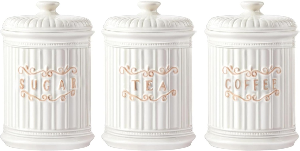 Doric Scroll Ceramic Canisters Sets For The Kitchen Canisters For Countertop Set of 3 Airtight Coffee Canisters For Ground Coffee Sugar Container Tea Storage Jars With Lids Farmhouse Decor
