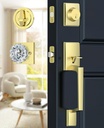 Satin Brass Front Door Handle and Deadbolt Set, Front Door Lock Set with Crystal Glass Door Knob, Exterior Door Lock Set with Single Cylinder, Reversible for Right & Left, Gold