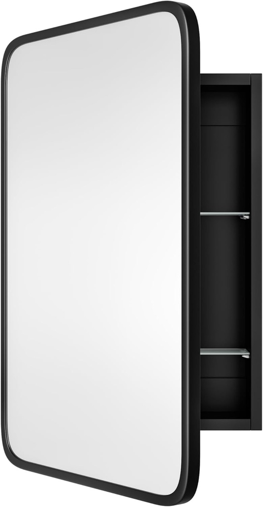 Vintage-Style Bathroom Wood Black Cabinet with 16.5''x24'' Black Metal Frame Curved Mirror, Recessed Medicine Cabinet, Bathroom Storage Cabinet