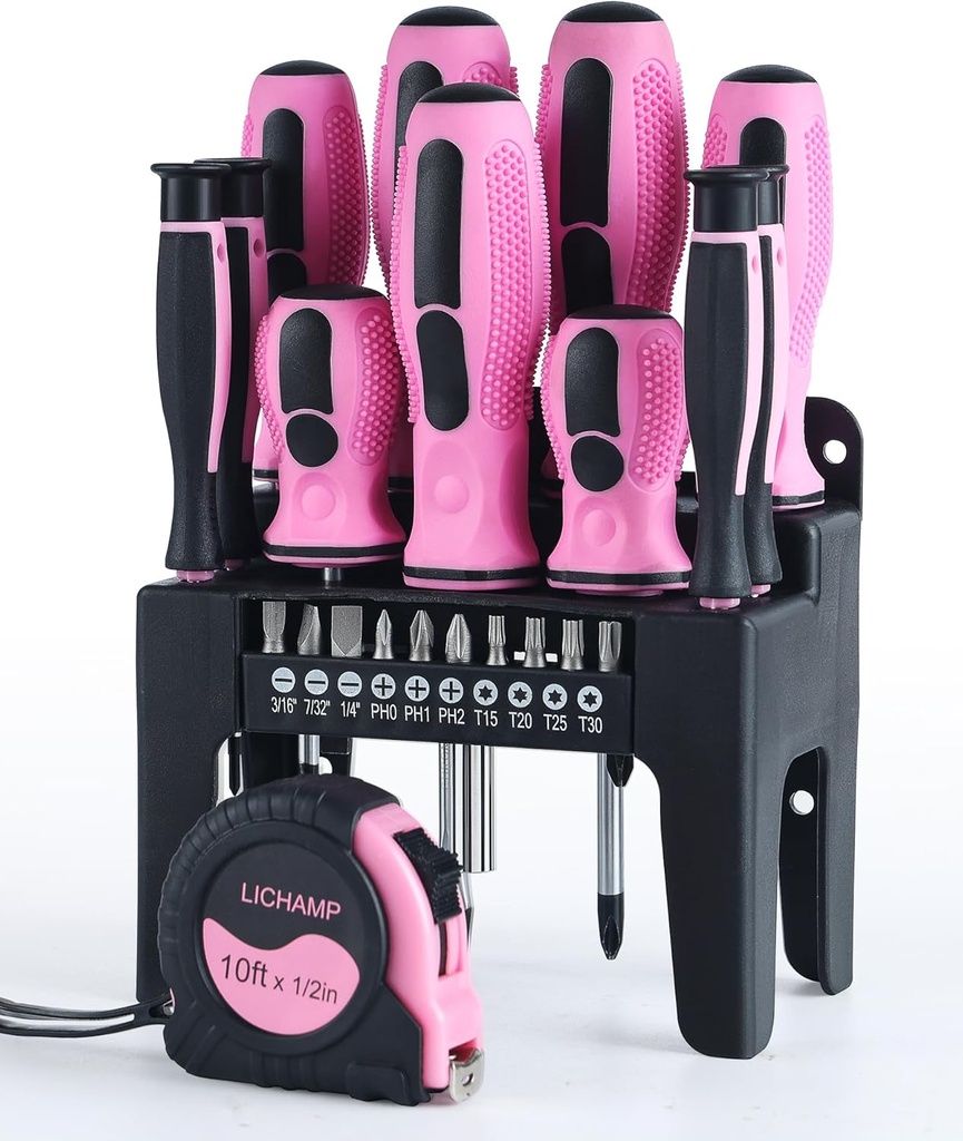 Lichamp 22-Piece Pink Tool Set, Small Magnetic Screwdriver set for Women with 10ft Tape Measure Pink