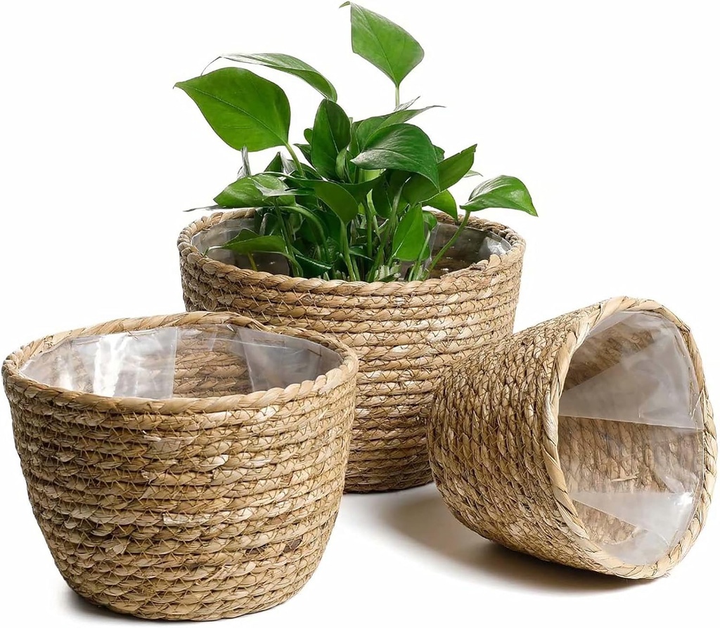 Seagrass Planter Basket 3 Set Handmade Woven Basket Indoor Outdoor Storage Basket Flower Pot Container with Waterproof Plastic Liner for Houseplants Succulents Orchid Modern Home Decor Brown