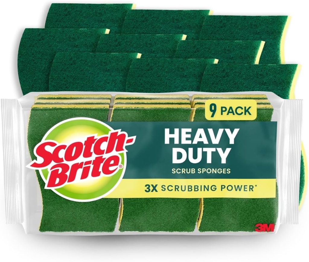 Scotch-Brite Heavy Duty Scrub Sponge, 9 Kitchen Sponges Designed for Tough Messes in the Kitchen that Last 3X Longer*, Best for Cast Iron Skillets and Outdoor Grills, Flexible, Durable, and Strong