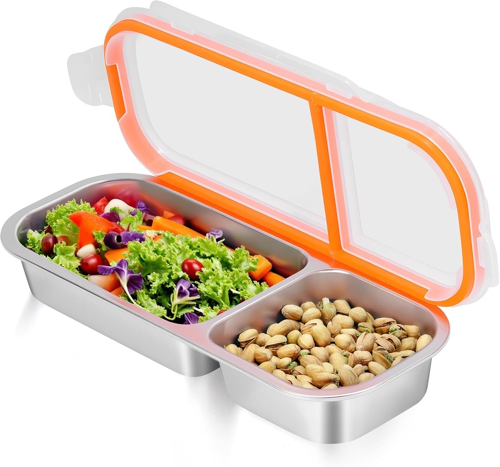 Stainless Steel Snack Containers - Reusable 2 Compartment Snackle Box Container with Lids for Kids Adults, Divided Snack Food Storage Containers for School, Home, Travel