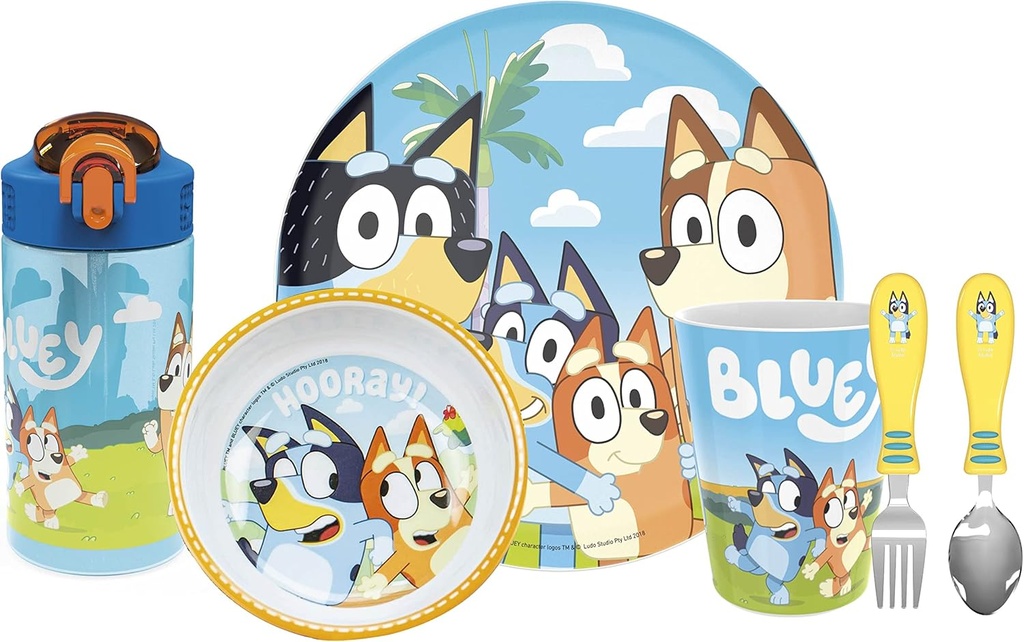 Zak Designs Bluey Kids Dinnerware Gift Set Includes Plate, Bowl, Tumbler, Water Bottle, and Utensil Tableware, Made of Durable Material and Perfect for Kids (6 Piece Gift Set, BPA-Free)