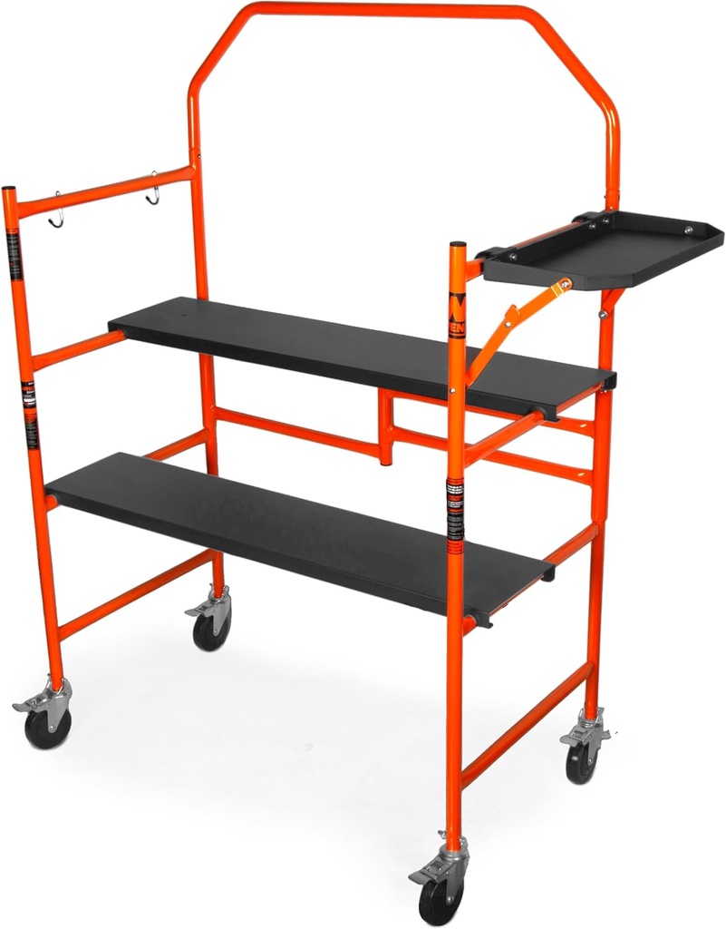 WEN 4-Foot Portable Rolling Scaffolding, 500-Pound-Capacity with Foldable Design, Safety Rail and Tool Shelf (31107)