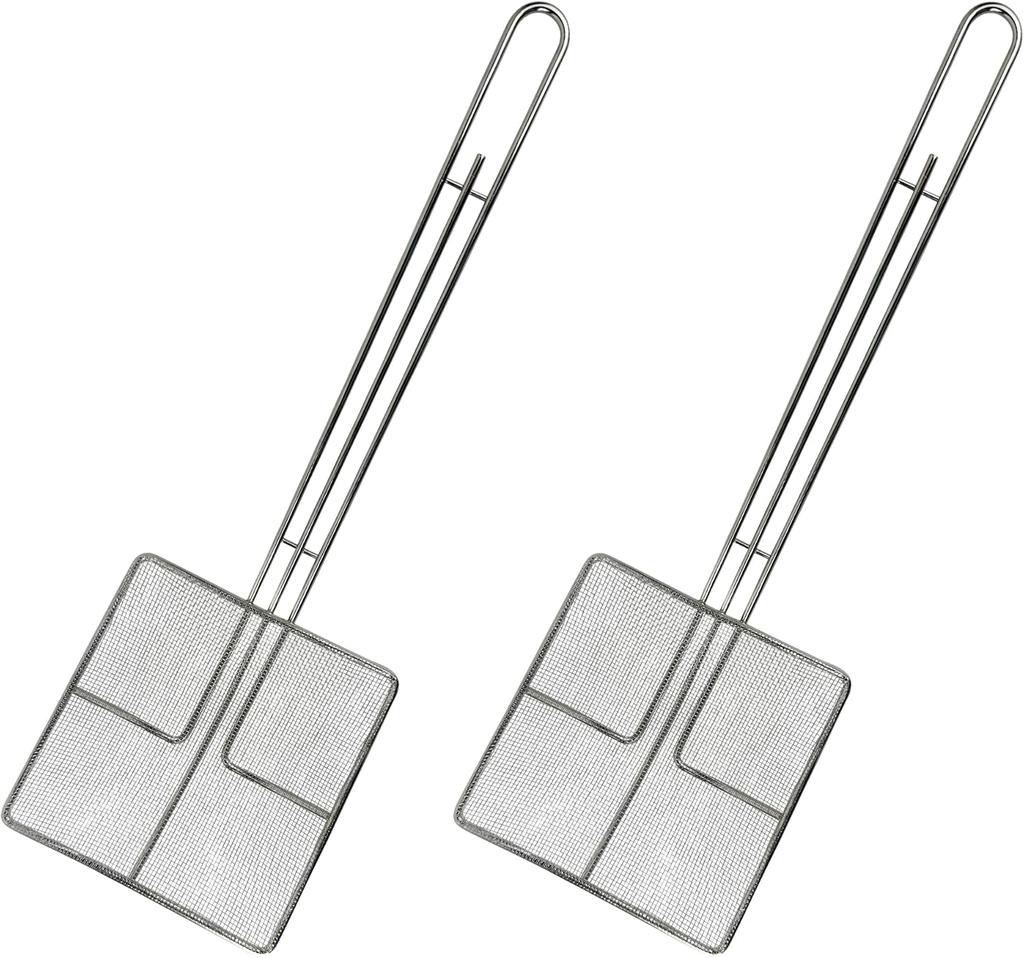 Wire Mesh Strainer with Long Handle | 2-Pack | 6.5" Square Frying Spoon | Cooking Oil Strainer for Deep Fryer & Professional Restaurant Use | Commercial Grease Skimmer