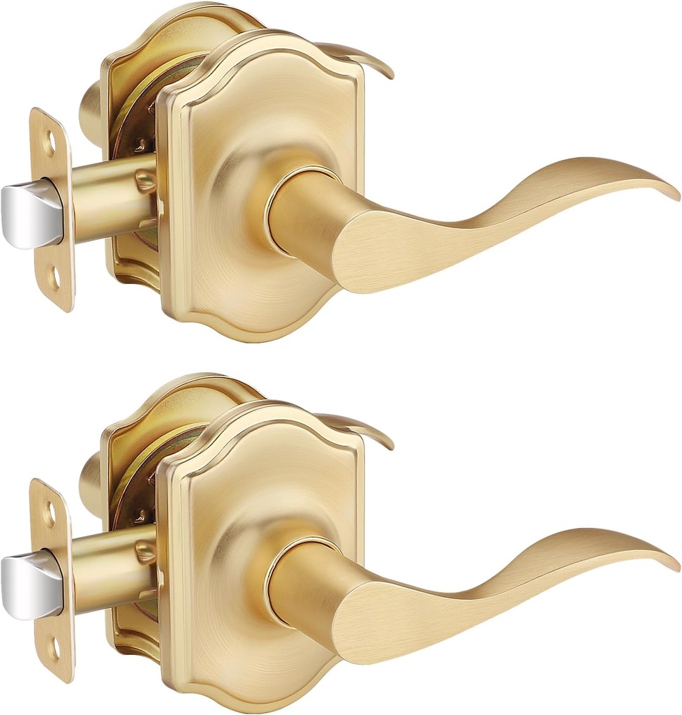 EHOMEWARE 2 Pack Gold Door Knob, Door Handles Interior, Closet Door Knobs Without Lock, Keyless Passage Door Knobs, Wave Door Handle for Hallway, Reversible Door Lever for Left/Right Sided Doors