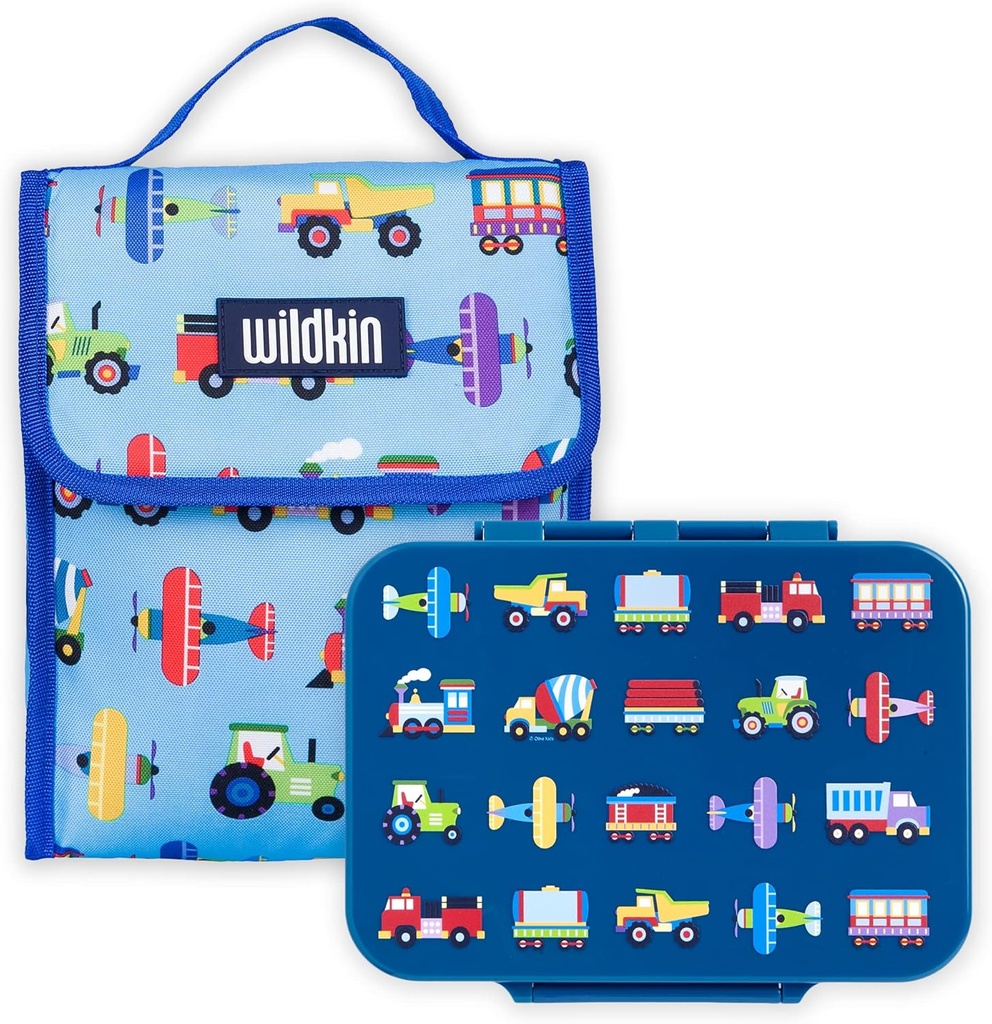 Wildkin Kids Lunch Bag Bundle with Bento Box (Trains, Planes, and Trucks)