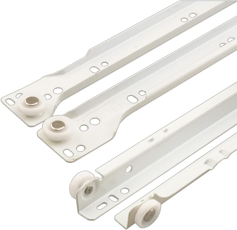 Prime-Line R 7211 Drawer Slide Kit – Replace Drawer Track Hardware – Self-Closing Design –Fits Most Bottom/ Side-Mounted Drawer Systems –17-3/4 In. Steel Tracks, Plastic Wheels, White (1 Pair)