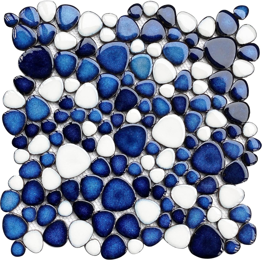 Pebble Ceramic Tiles 5 Sheets, Heart-Shaped 12x12 Floor Tile Ceramic, Dark Blue Mosaic Tiles Mesh Mounted, Waterproof Porcelain Tile Decorative for Kitchen Bath Backsplash Shower Floor Pool