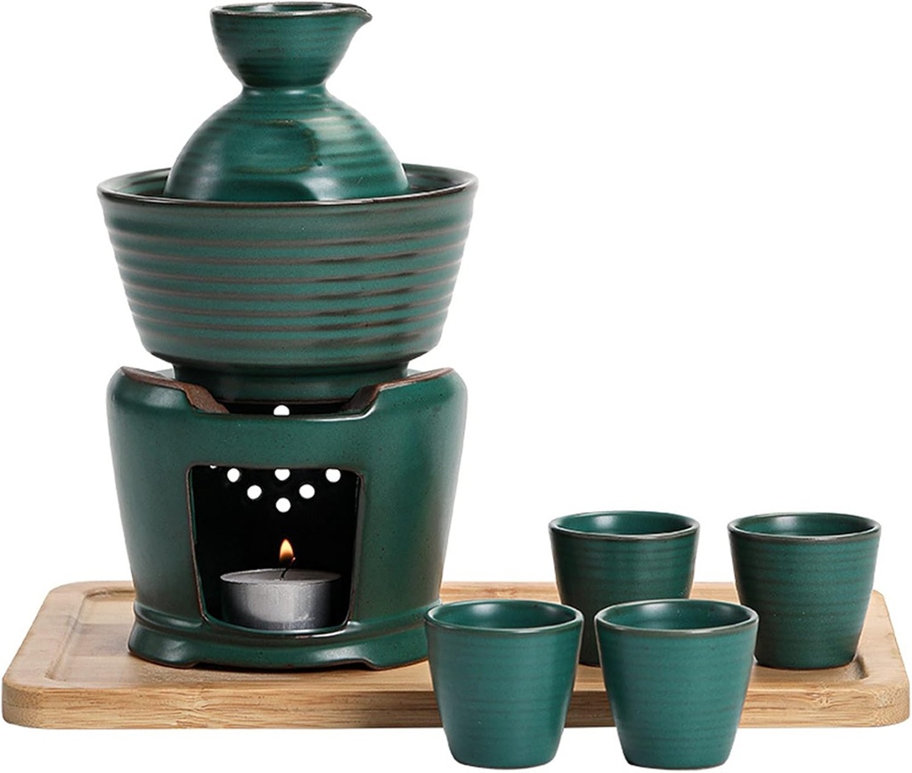 Sake Set, Saki Cups，Crafts Cup Ceramic Sake Set， Sake Set and Cups with Warmer, Traditional Porcelain Japanese Pottery Hot Saki Drink Set Kit, 8-Piece Include 1 Stove 1 Warming Bowl 1 Sake, Bottle 4 C