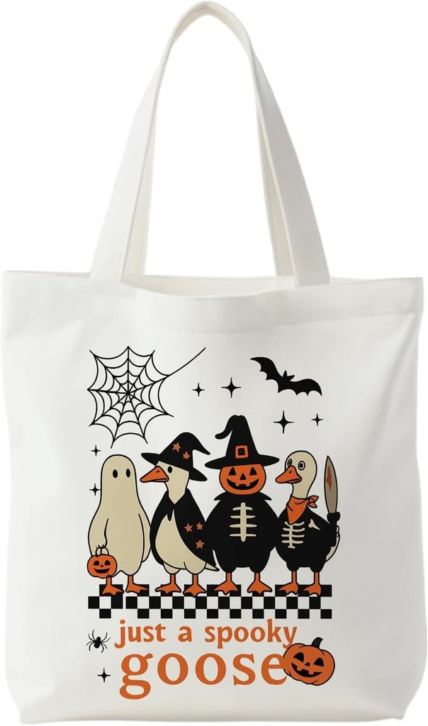 Halloween Goose Tote Bag for Candy Treats, Goose Lover Gifts, Spooky Gothic Witchy Ghost Geese Canvas Tote Bag, Halloween Party Favor Bags, Reusable Shopping Grocery Bags,14.96 x 15.3 inches