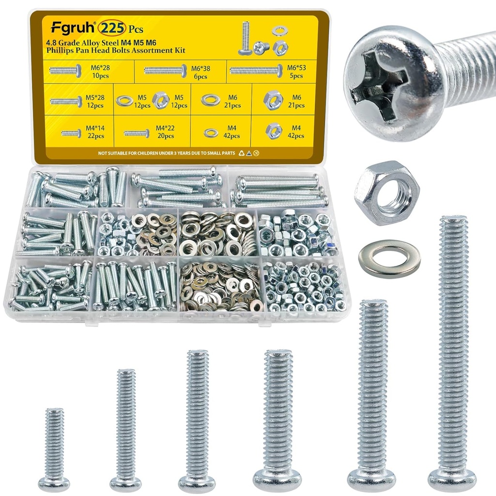 225pcs Screws and Nuts Assortment Kit,M4 M5 M6 Phillips Pan Head Assorted Nuts and Bolts,Washers Kit for Headboard, Wall Plate Switch, Receptacles Mounting Screws Silver
