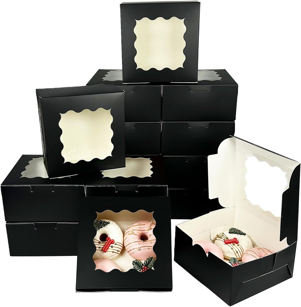Bakepacker Black 30-Packs Bakery Boxes with Window 6x6x3 inches Thick & Sturdy Macaroon Pastry Boxes Cookie Boxes for Bakerys