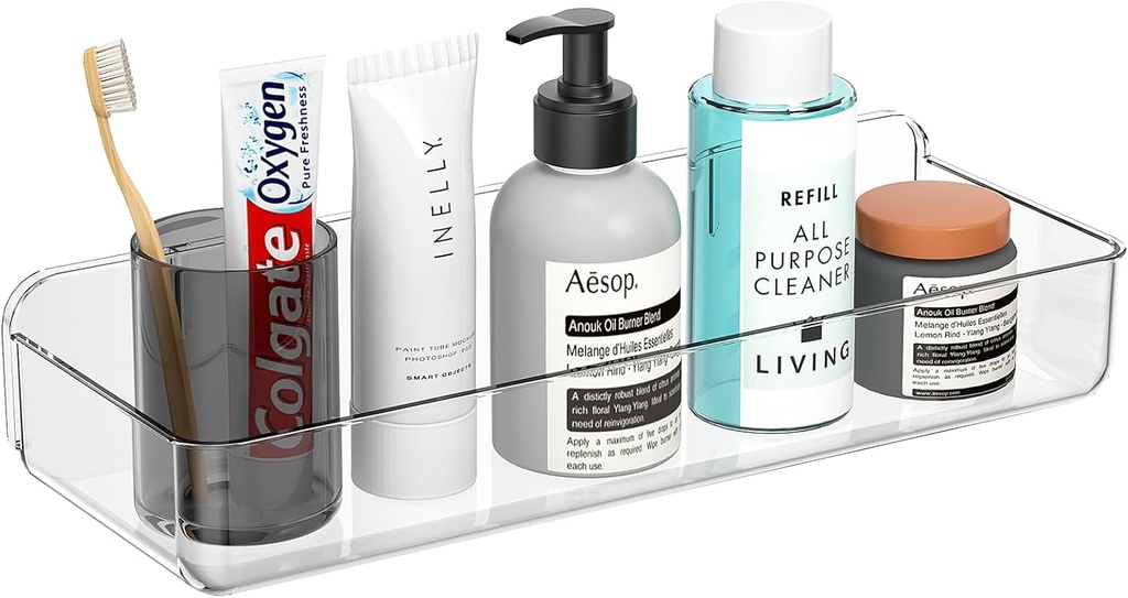 Wall Mounted Storage Organizer Bins Organizing Shelf Basket Clear Plastic Makeup Organizer Adhesive Hanging Bin Fridge Organizer for Bathroom,Kitchen,Cabinet,Pantry,Countertops (13.7×5×2.7”)