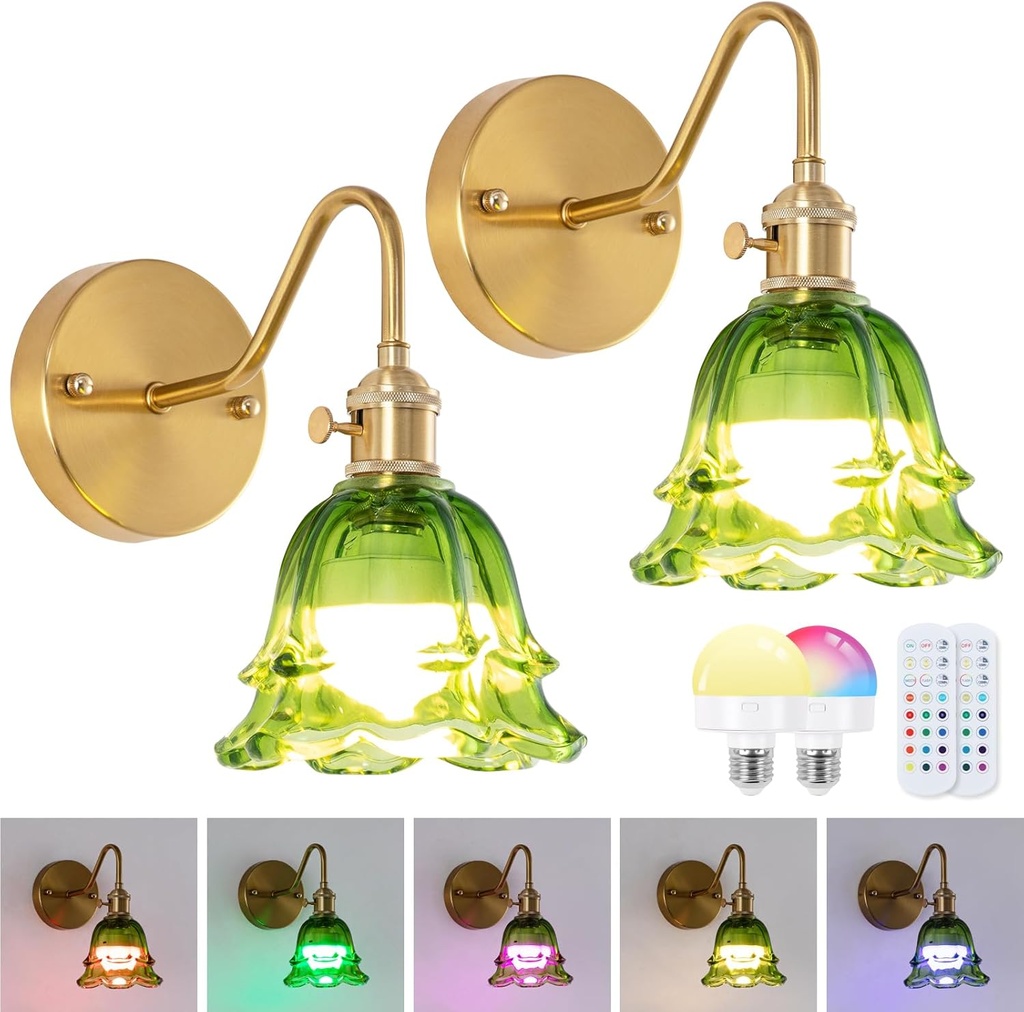 Battery Operated Wall Sconces, Set of Two RGB Color Dimmable Wall Sconce with Remote, Green Glass Lampshade Wall Decor Set of 2 for Living Room, Bedroom, Bedside, Bathroom