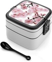 Adult Double-Layer Bento Box Cherry Japanese Cherry Blossom Portable Lunch Box with Spoon And Invisible Handle Leakproof Microwave-Safe Food Container for Work Travel Camping