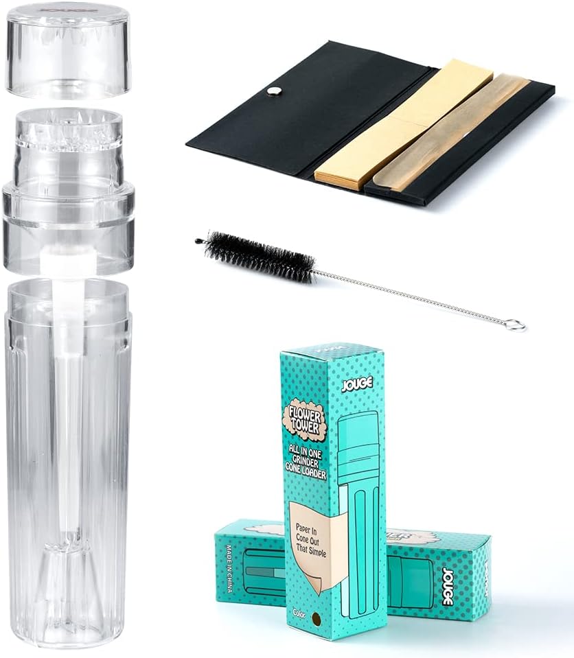 Herb Grinder with Cone Loader Filler Storage Container Grinding Filling Sifting & Storage 3 in1 Cone Loade Portable Rolling Paper and Brush(Transparent)