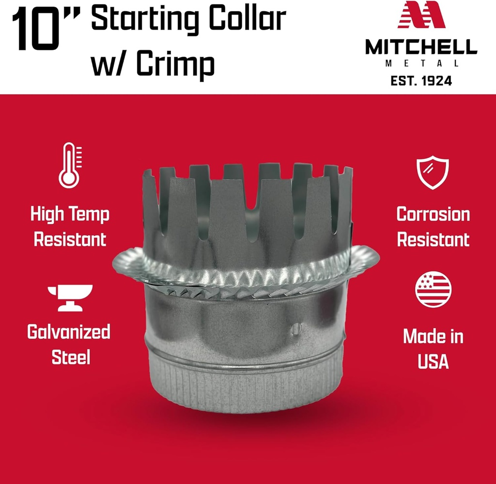 HVAC Ductboard Starting Collar with Crimp, Galvanized Sheet Metal 26-Gauge, Made in USA (10 Inch)