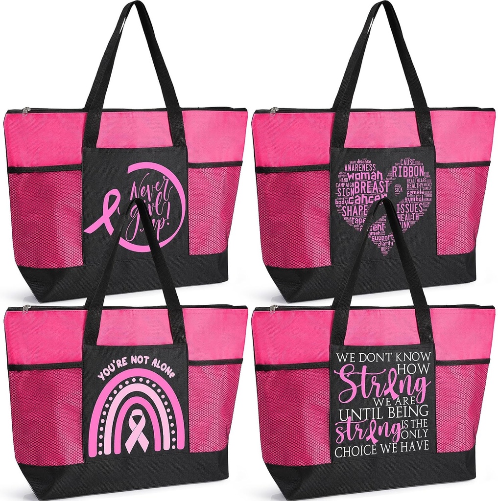 Hosuly Breast Cancer Awareness Gift Tote Bags Women Pink Ribbon Sign Bags Mesh Pocket Breast Cancer Awareness Support(4 Pcs,4 Styles)
