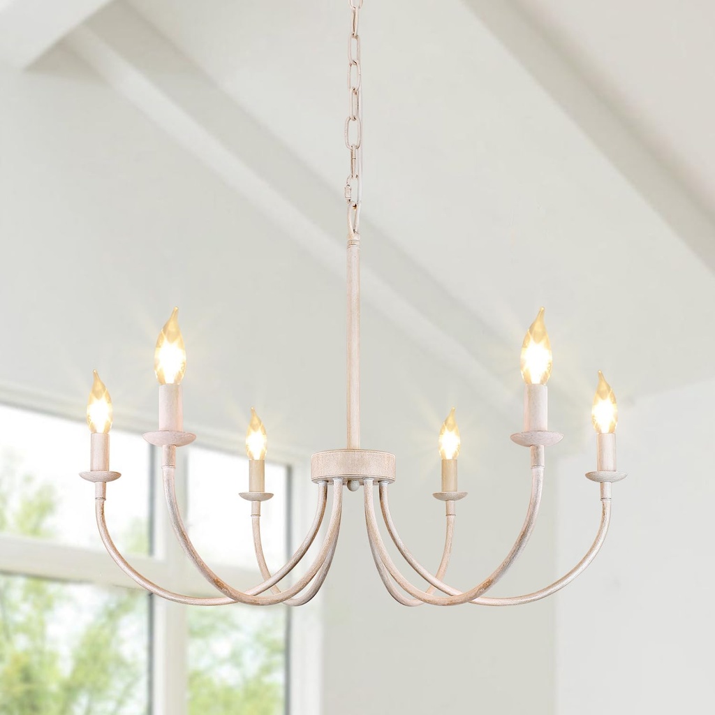 French Country Chandelier, 6-Light Antique White Farmhouse Chandelier for Dining Room Lighting Fixtures Hanging, Candle Hanging Pendant Lights for Kitchen Living Room Bedroom Foyer